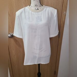 Sellecca Vintage 80s Pearl Neckline Shoulder Pad Business Dressy Elegant Blouse